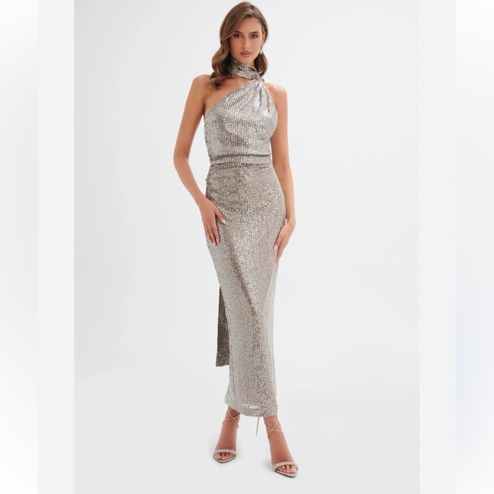 NWT Lavish Alice ALANNI Stretch Sequin Scarf evening gown Silver brown size 2